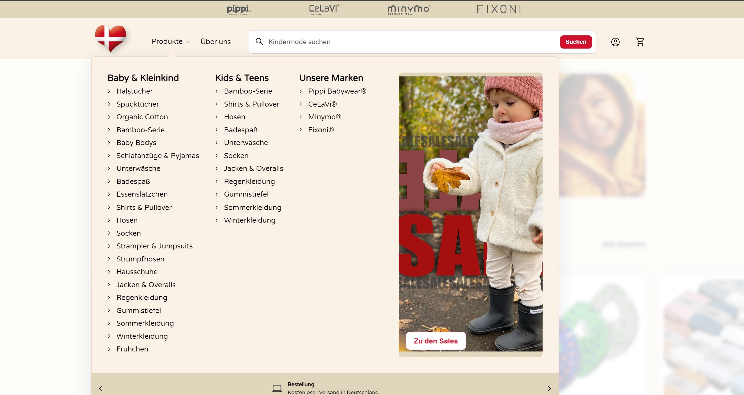 Kategorieübersicht im Shopify-Shop von Kindermode Dänemark