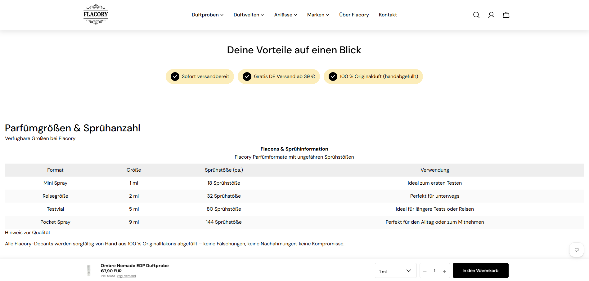 Trust- und Produktinformationen im Flacory-Onlineshop