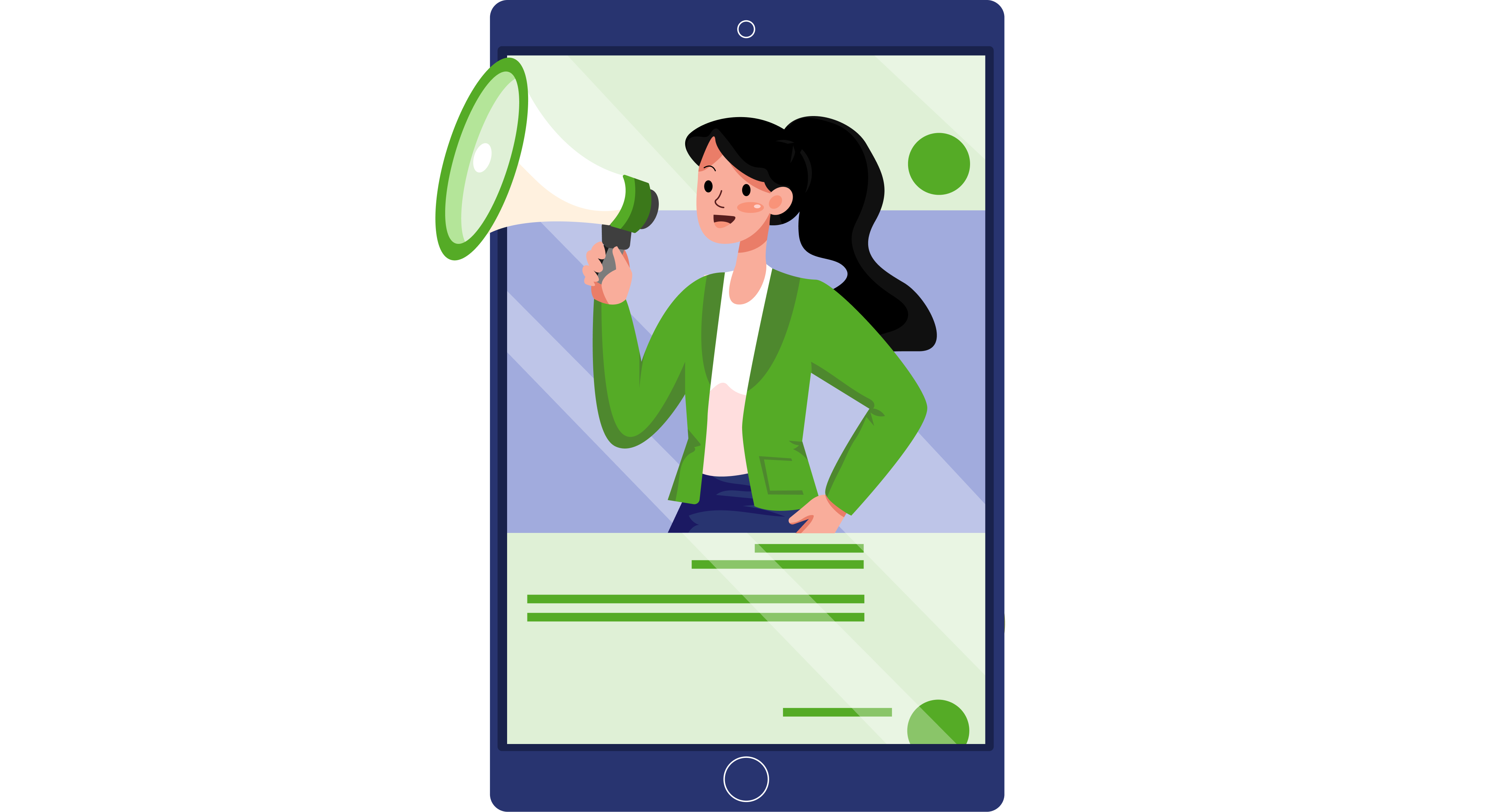 Marketing Darstellung mit einer Frau in einem Handy