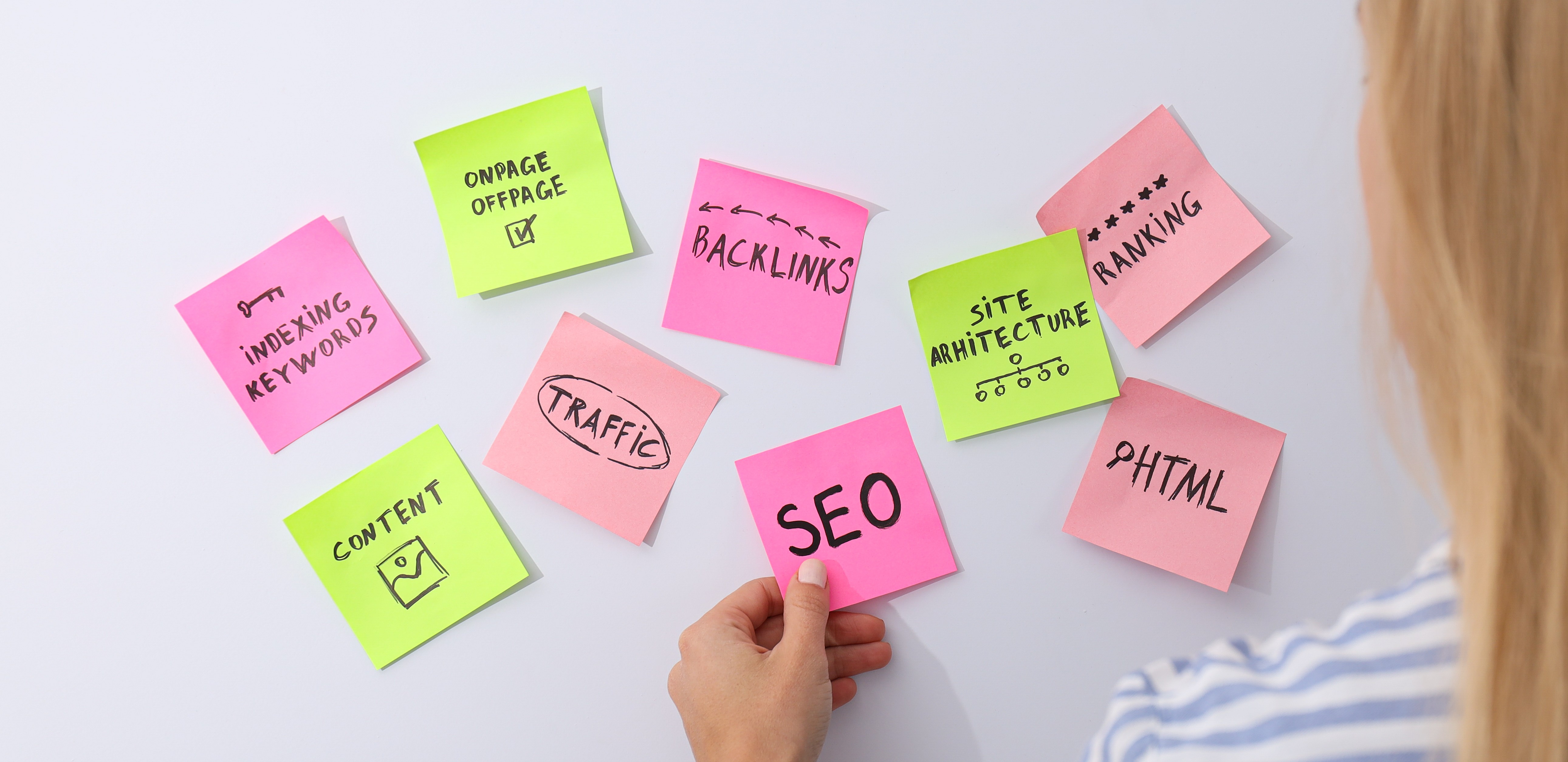 Post-its mit SEO-Begriffen wie Content, Keywords und Backlinks – Symbol für strategische Planung.