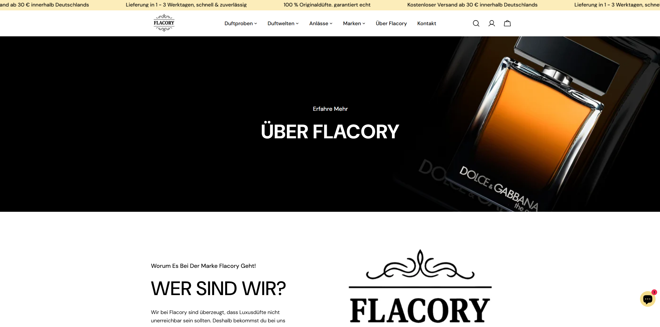 Screenshot von Flacoryshop Über Uns Seite