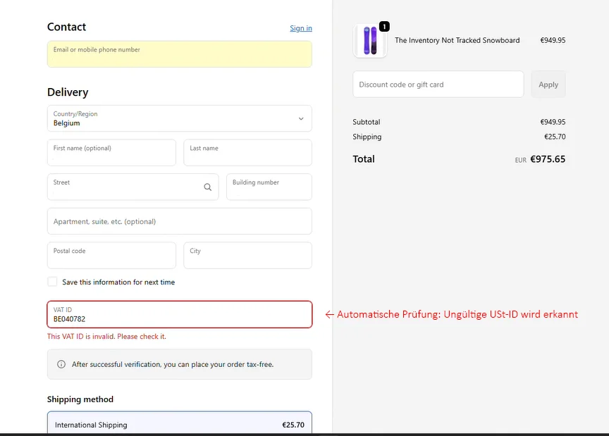 Shopify Checkout: USt-ID Validierung fehlgeschlagen, automatische Erkennung auf Korrektheit für die Mehrwertsteuer für EU-B2B-Kunden