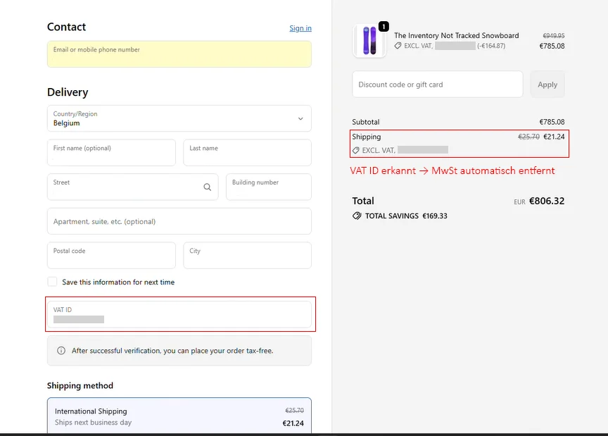 Shopify Checkout: USt-ID Validierung entfernt automatisch die Mehrwertsteuer für EU-B2B-Kunden