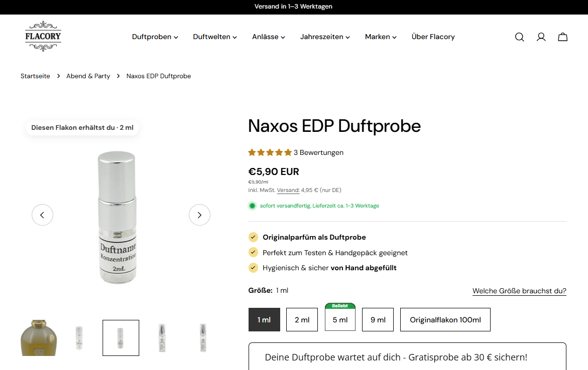 Produktdetailseite einer Duftprobe im Flacory-Shop