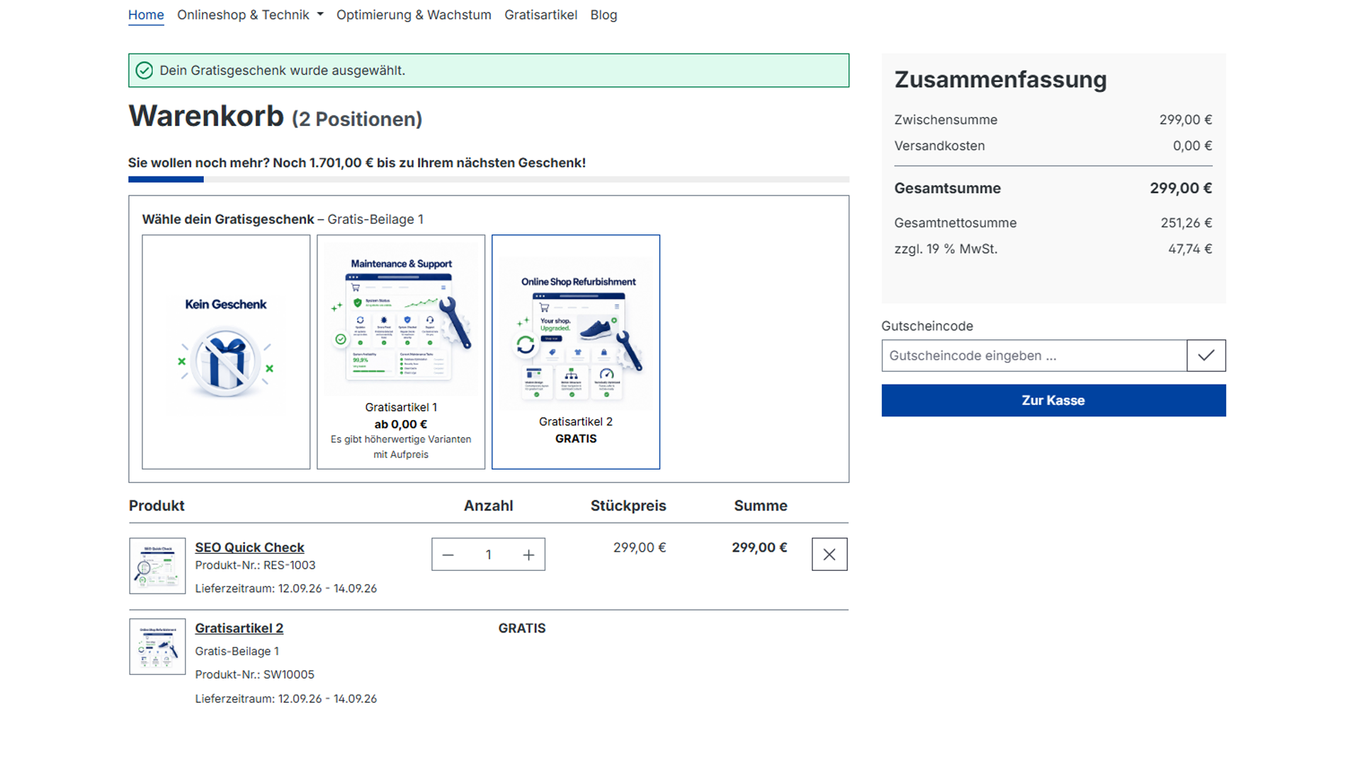 Shopware 6 Gratisartikel im Warenkorb