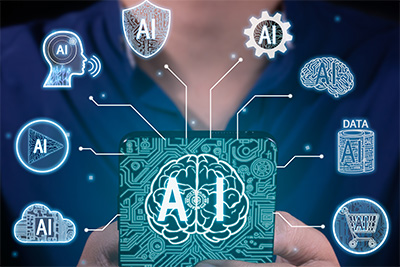 Illustration eines Smartphones mit KI-Icons und grafischer Gehirndarstellung &ndash; Konzeptbild f&uuml;r k&uuml;nstliche Intelligenz.