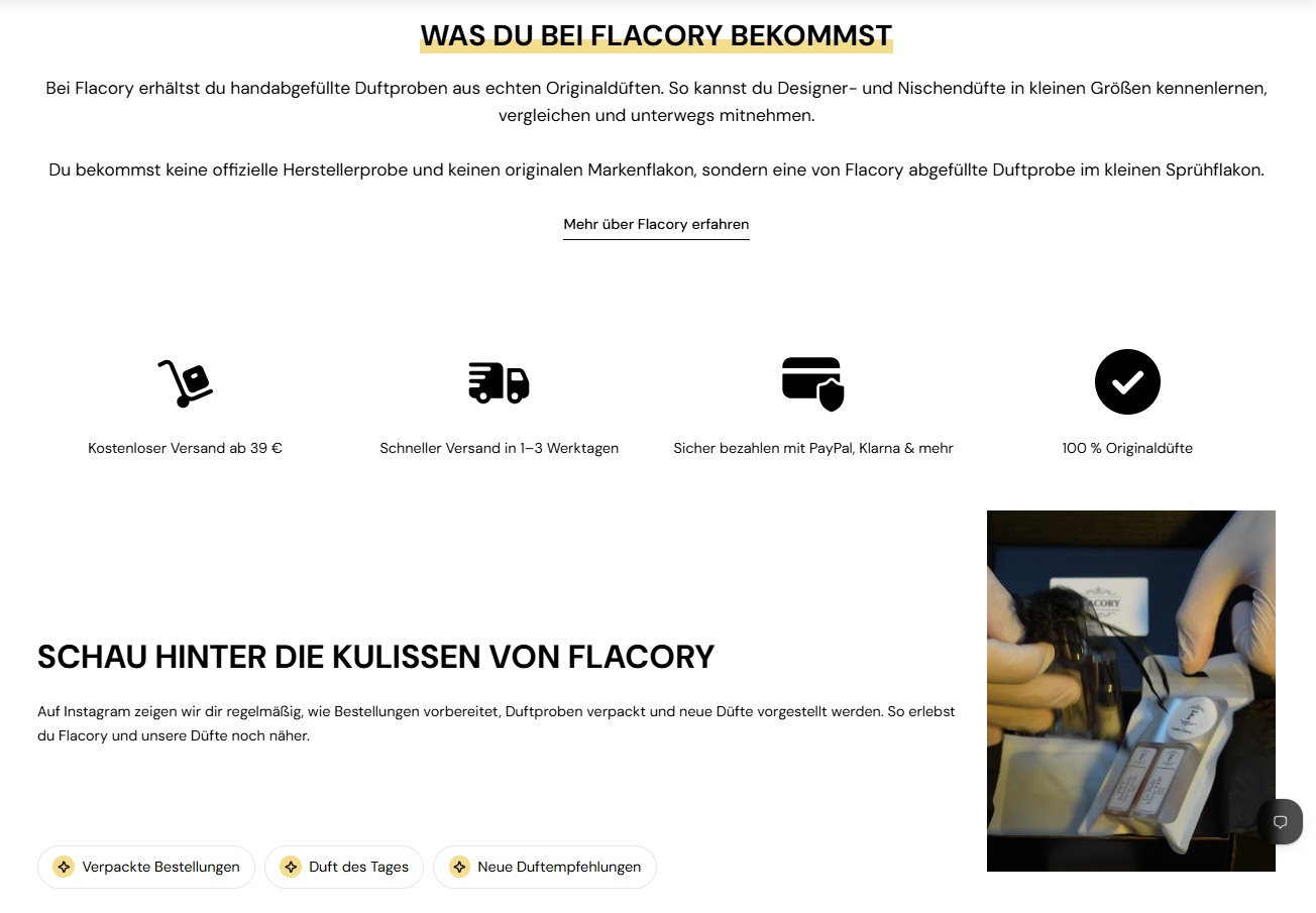 Trust- und Produktinformationen im Flacory-Onlineshop