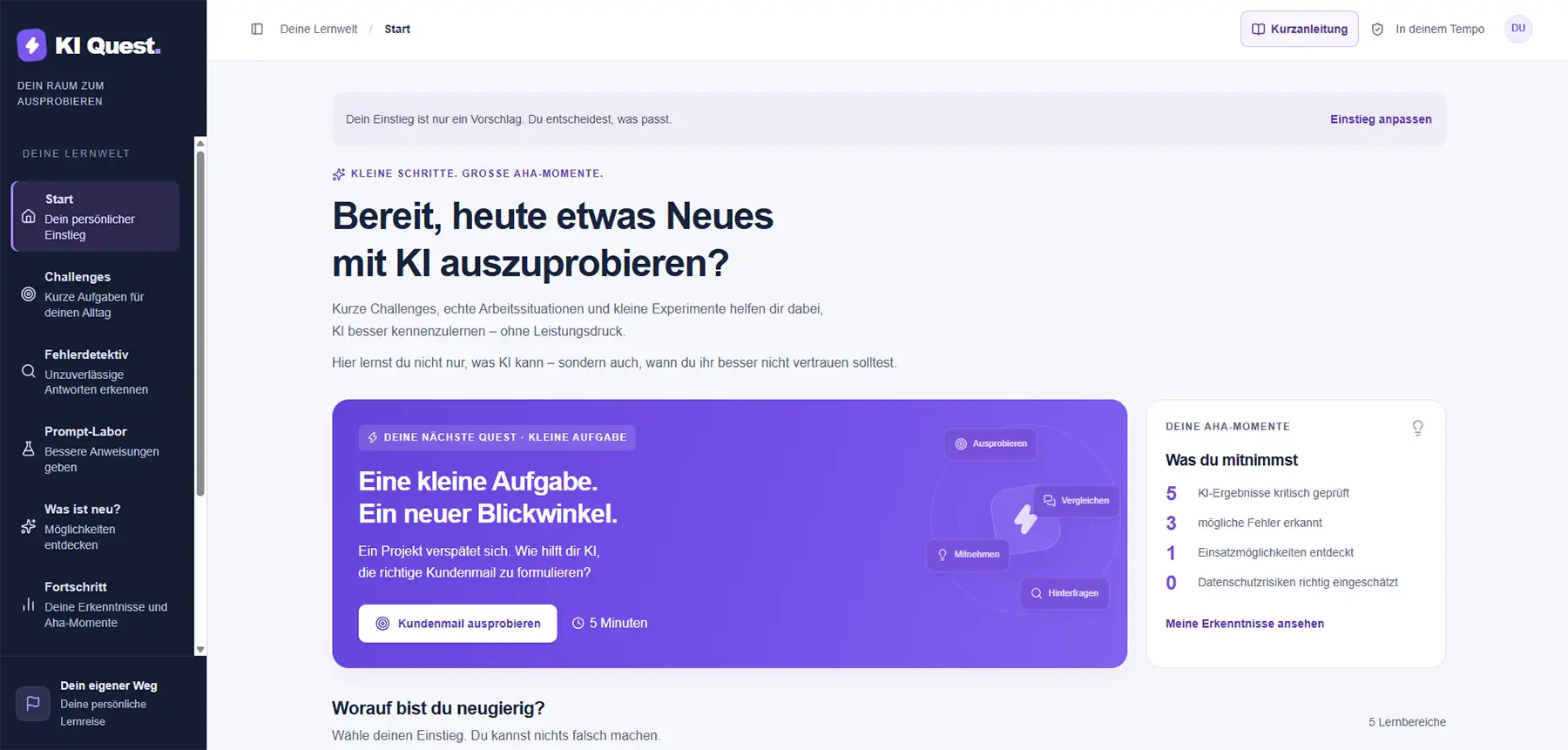 Startseite der von RESPONSE entwickelten KI-Quest-Lernwelt