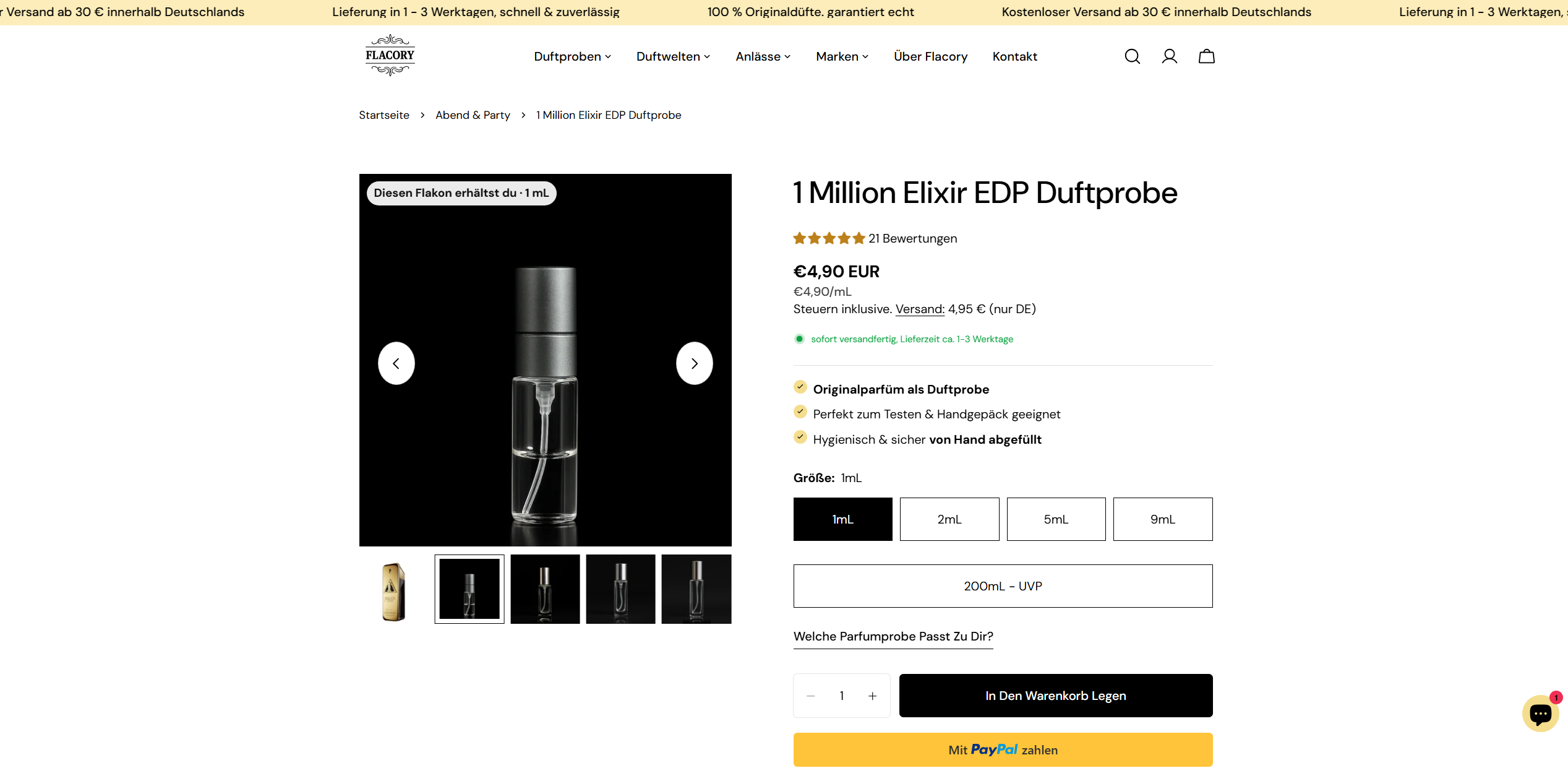 Screenshot von Flacoryshop Produktseite