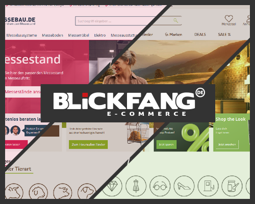Logo Blickfang E-Commerce mit Screenshots der Startseite von Meesebau.de, Ladenbau.de und Stallbedarf24 
